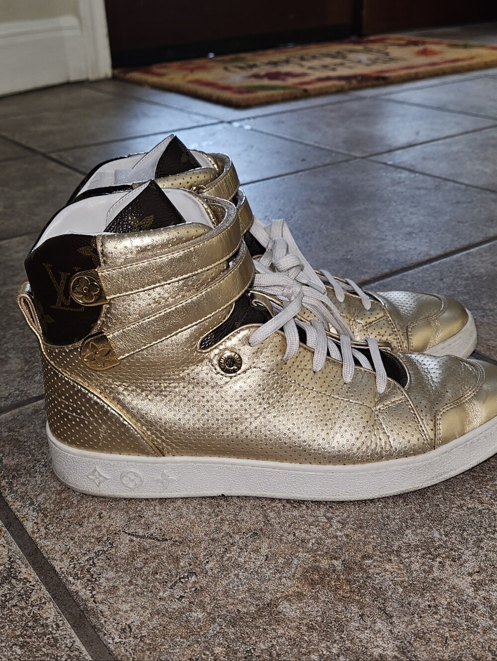 Louis Vuitton Metallic Gold And Brown Leather and White High-Top Sneakers 40